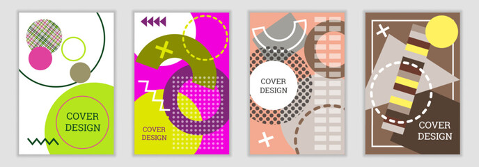 Bright background in Memphis style. Set of geometric cover designs. Bright colors. Vector