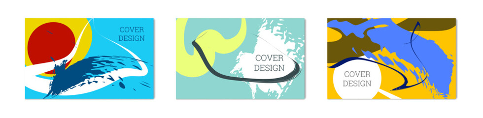 Paint strokes and geometric elements. Set of 3 multi-colored backgrounds. 