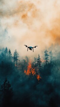 Drone flying over forest fire with smoke and flames in dense woodland, wildfire monitoring and disaster management concept.