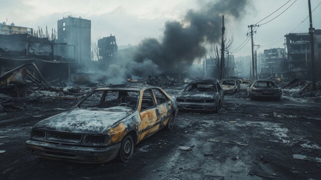 A desolate urban landscape with abandoned cars. Smoke rises from the ruins of buildings. The scene conveys a sense of destruction and decay. - Powered by Adobe