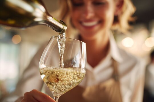 A person pours sparkling wine into a tall glass at a vibrant restaurant. The atmosphere is warm and inviting, with soft lighting and happy conversation amongst guests