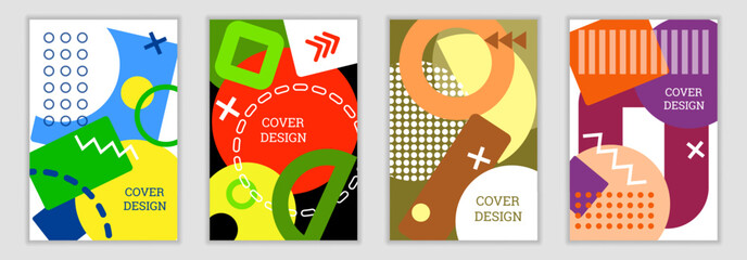 Set of cover design in Memphis style. Geometric design, abstract background. Fashionable bright cover, banner, poster, booklet. Creative colors.