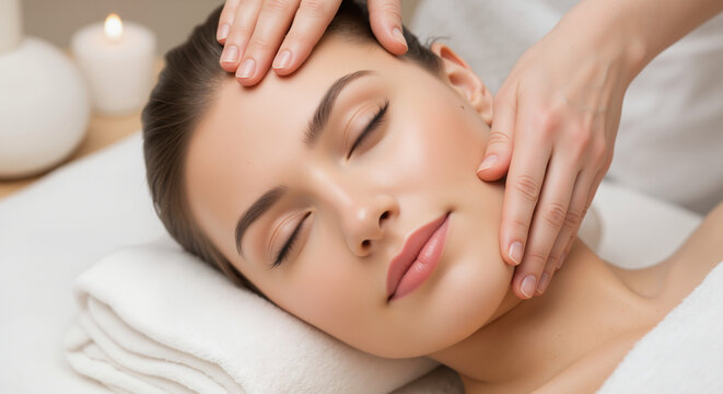Woman receiving a relaxing facial massage in a beauty spa. Professional esthetician performing a skincare treatment for rejuvenation. Cosmetology and wellness concept