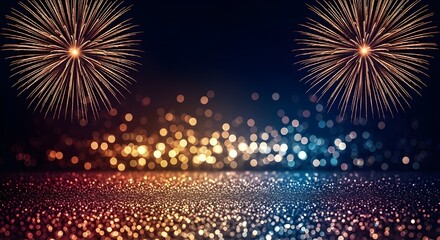 Obraz premium Spectacular fireworks display illuminating the night sky above a crowd of blurred spectators with colorful bokeh lights