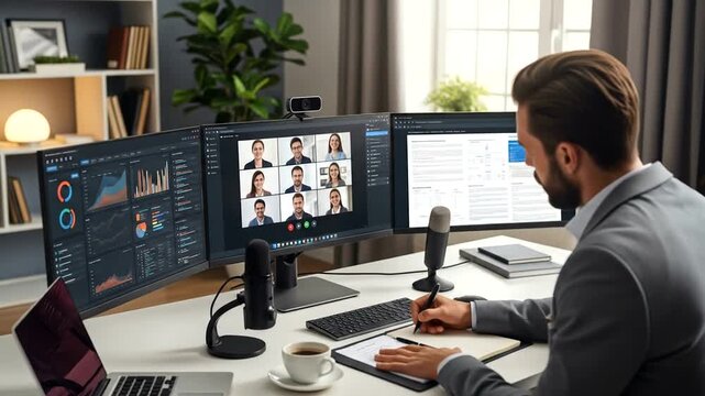 Professional man analyzing data on multiple screens during a virtual meeting in a modern office
