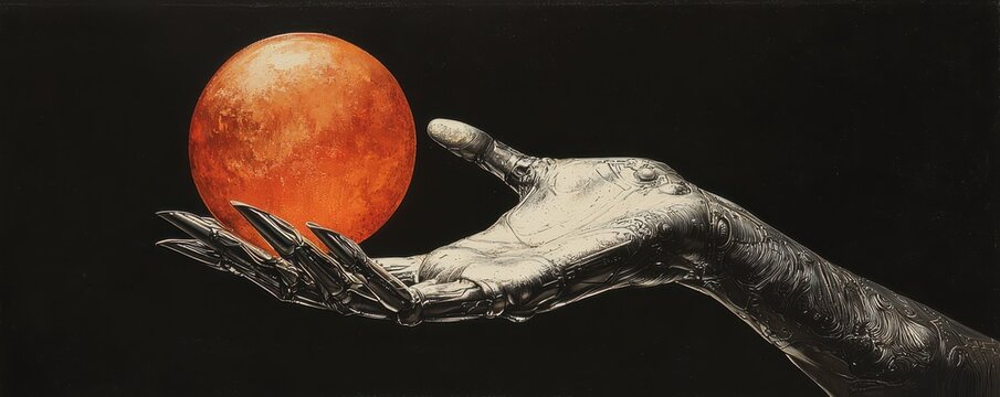 Futuristic silver robotic hand gently holding a glowing orange orb against a dark background, showcasing technology and innovation - Powered by Adobe
