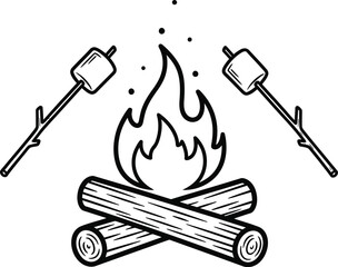 Hand drawn campfire with logs and two marshmallows roasting on sticks, outdoor recreation fun symbol.