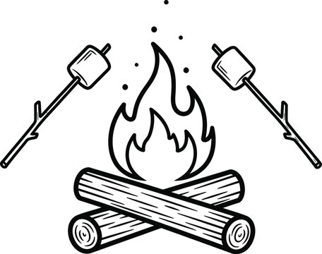 Hand drawn campfire with logs and two marshmallows roasting on sticks, outdoor recreation fun symbol.