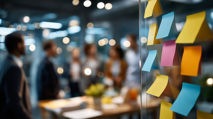 Faceless team brainstorming with colorful sticky notes on glass wall defocused office background collaborative teamwork and planning process business or project management
