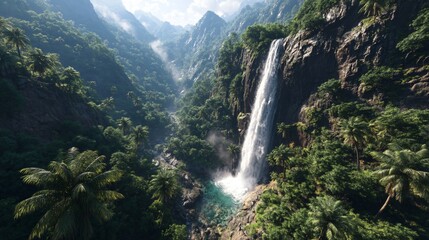 Sunlit Jungle Canyon Waterfall