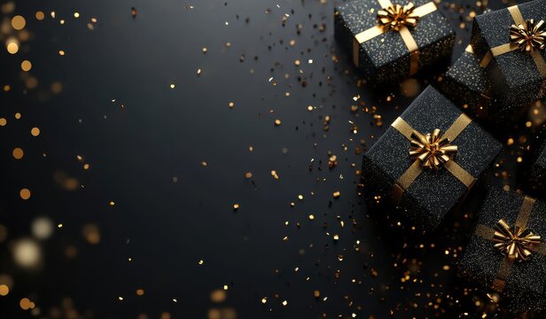 Elegant black gift boxes with golden ribbons on a shimmering black background with glowing particles, perfect for luxury celebrations and festive gift-giving occasions