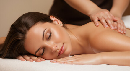 Fototapeta premium A relaxed young woman receiving a back massage in a spa salon. Professional body care and wellness treatment. Beauty and cosmetology concept