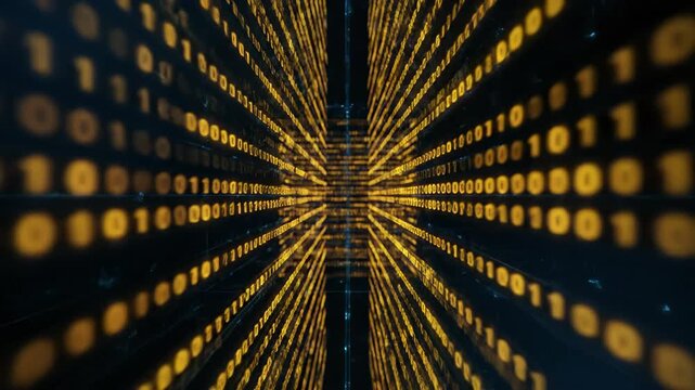 Dynamic digital binary code tunnel. Animation shows flowing data in a vibrant yellow glow. Futuristic technology concept evokes innovation and connectivity.