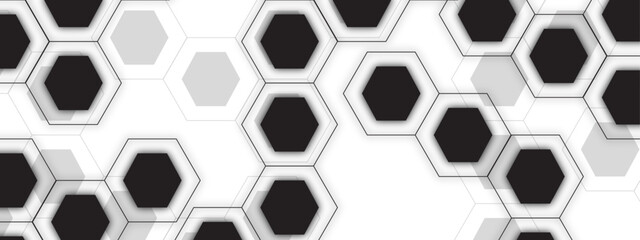 Black, White, and Gray Modern Hexagonal Pattern With Interlocking Geometric Honeycomb Shapes with Subtle Layering and Depth. Ideal for Technology, Science, Chemistry, Business,