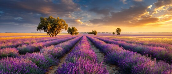 Golden Sunset Over Lavender Fields