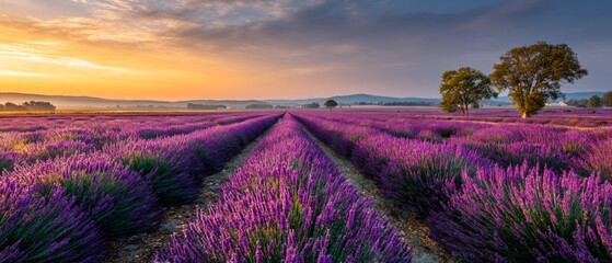 Golden Sunset Over Lavender Fields