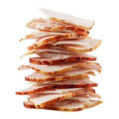 Stack of smoked turkey slices, isolated on transparent background