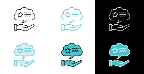 Hand holding chat bubble with star icon for customer feedback and testimonial in line and fill style