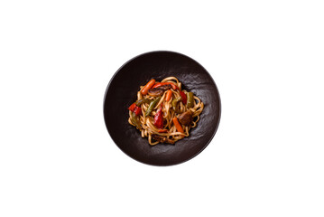 Asian food, noodles with vegetables, vegetarian dish with spicy sauce. Noodles with vegetables
