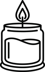 Minimalist line art icon of a burning candle in a clear glass jar, providing soft warm light, perfect for web.