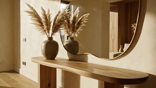 Modern Entryway with Minimalist Table and Organic Vases capturing the essence of serenity and sophistication, perfect for visualizing calmness in various commercial contexts such as restaurant.