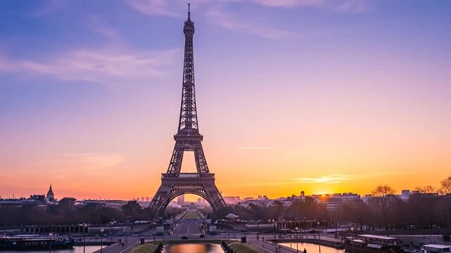 Eiffel Tower sunrise captures Parisian magic with golden light painting the sky