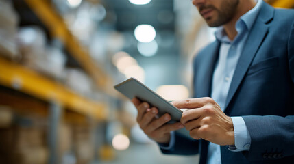 Faceless warehouse manager using digital tablet defocused smart warehouse background with inventory showing management software dashboard logistics technology modern supply cha