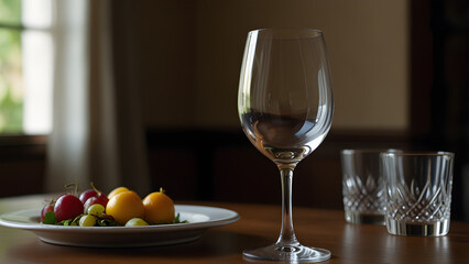 A stylish and elegant dining table setup featuring a beautiful glass and neatly arranged plates on a refined surface.