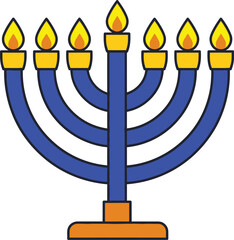Blue menorah with seven lit candles, a symbol of faith and tradition, depicted in flat vector art style illustration