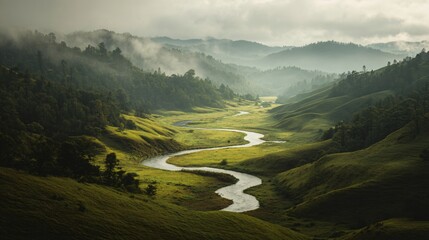 Sunrise Mist Over River Valley