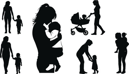 Mother, child, family, care, parenting, love, bonding, silhouette, stroller, hug, walk, nurture, affection, support, relationship, motherhood, interaction, embrace, guidance, togetherness