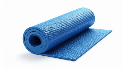 A rolled-up blue yoga mat isolated on a white background.