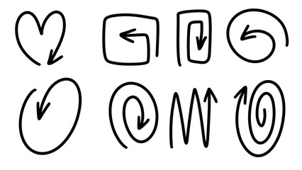 Hand Drawn Doodle Arrow Set with Swirls and Heart Symbol