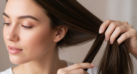 Naklejka premium A young woman with healthy brown hair examines a strand. Beauty and hair care concept for salon or treatment products