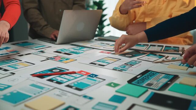 A diverse team collaborates on user experience design within a modern workspace, actively discussing ideas while using digital devices and prototypes on a table. SACTR - Powered by Adobe