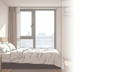 Aesthetic bedroom interior with sunlight streaming through the window illustration