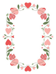 Symmetrical oval frame featuring stylized pink roses, hearts, and intertwined green vines in a romantic, simple design.