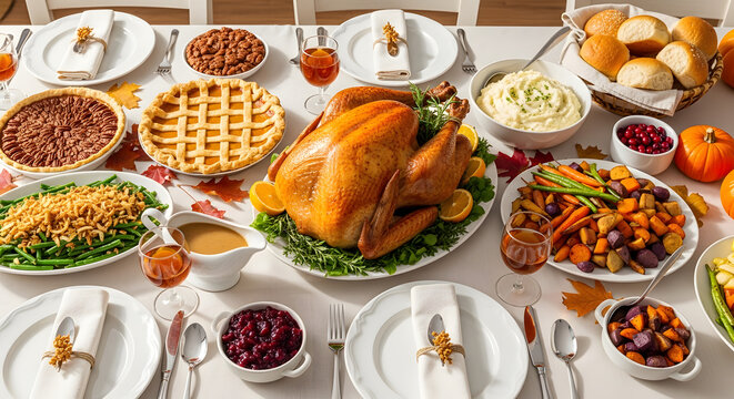Thanksgiving dinner table setting with turkey, sides, and pies for a festive holiday meal celebration