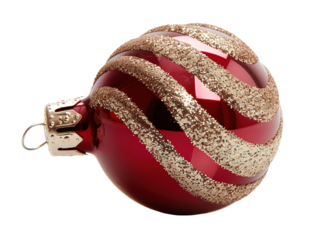 A festive Christmas ornament ball in vibrant red and gold shines brightly. This decorative piece features glittery stripes and is perfect for holiday celebrations and tree decorations