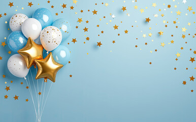 Blue white balloons golden star confetti celebration image