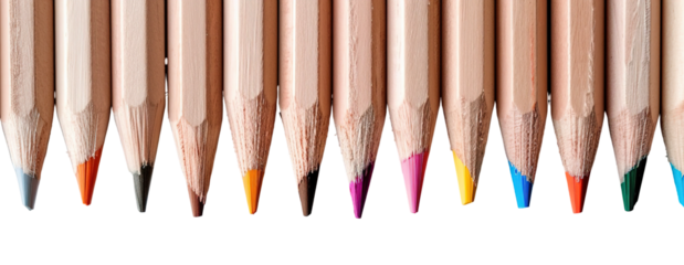 Neatly arranged color pencils are displayed with their vibrant tips pointing upward on a transparent background