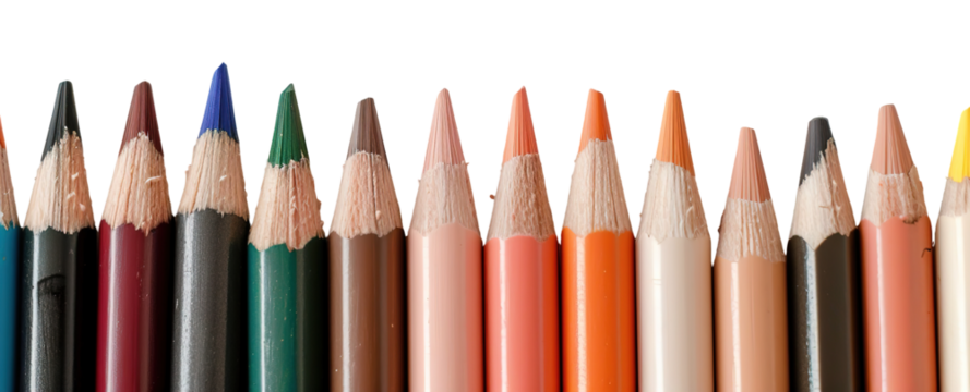 Color pencils are neatly arranged and isolated against a transparent background, showcasing a vibrant array of colors perfect for drawing, coloring, and creative artwork