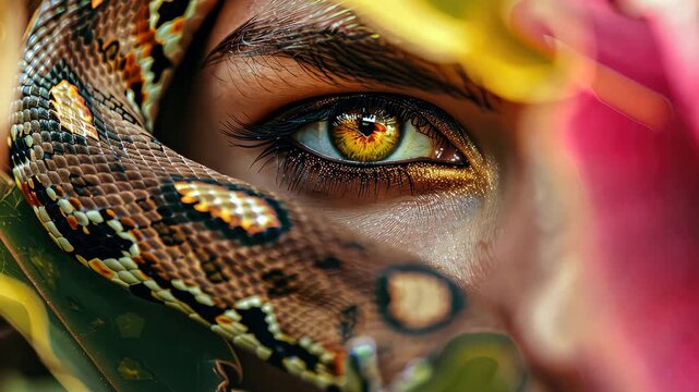woman hugging snake portrait. Selective focus. animal.