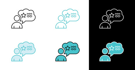 Person with chat bubble and star icon for customer review and testimonial in line and fill style