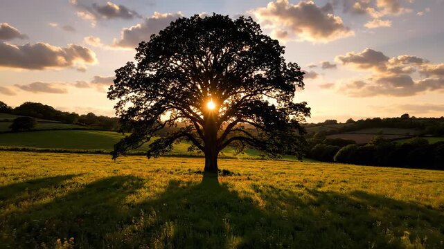 Majestic tree standing in golden field during sunset. Sunlight shines through branches creating warm atmosphere. Peaceful nature scene showcasing beauty of outdoor landscape.