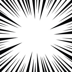 Manga anime action lines background. Speed line background. Manga radial anime. Cartoon emphasis superhero frame, impact burst effect. Splash blast black bg. Graphic boom ray pop art.