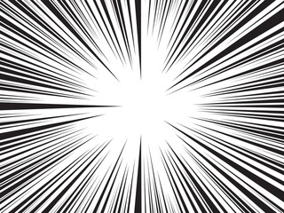 Naklejka premium Manga anime action lines background. Speed line background. Manga radial anime. Cartoon emphasis superhero frame, impact burst effect. Splash blast black bg. Graphic boom ray pop art.