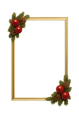 Festive gold frame adorned with pine boughs, ornaments, and pinecones. Elegant.
