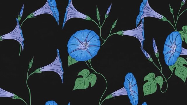 A pattern of blue morning glories, with trumpet-shaped flowers and green leaves against a black background