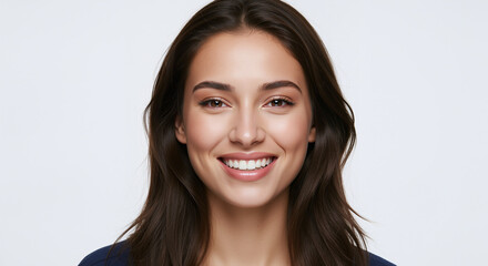 Naklejka premium Portrait of a happy smiling woman with perfect white teeth. Natural beauty and cosmetology concept. Healthy skin and dental care